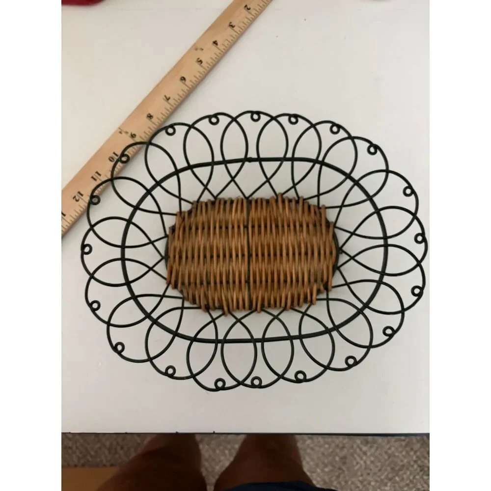 vtg Metal and wicker oval basket with fleur design
